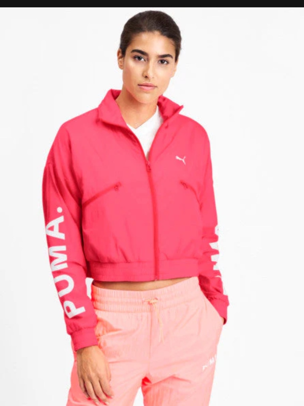 Puma Neon Pink Cropped Windbreaker Jacket Women’s Medium Full Zip Mesh Lined